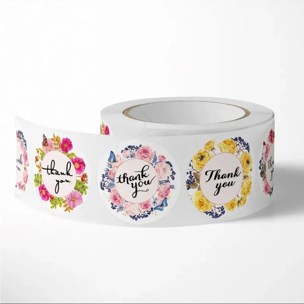 Roll of 500 Floral Wreath Thank You Stickers Garden Flowers Shipping Supplies